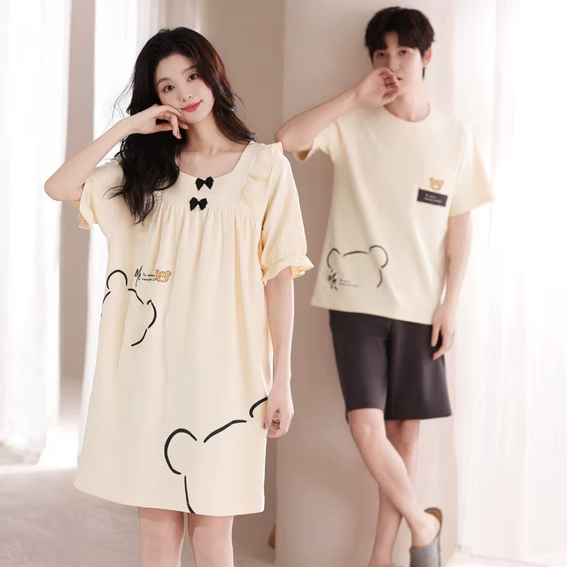 Couple pyjama ensemble été mignon dessin animé Pyjamas hommes à manches courtes Pijamas 100% coton femmes chemise de