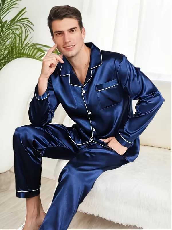 Hommes pyjama ensembles vêtements de nuit en microfibre pour dormir homme chemise Satin à manches longues