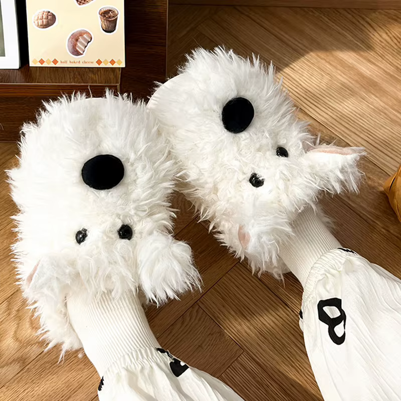 Chien chiot pantoufle femmes maison thermique floue mignon hiver chaud fourrure en peluche intérieur paresseux femme