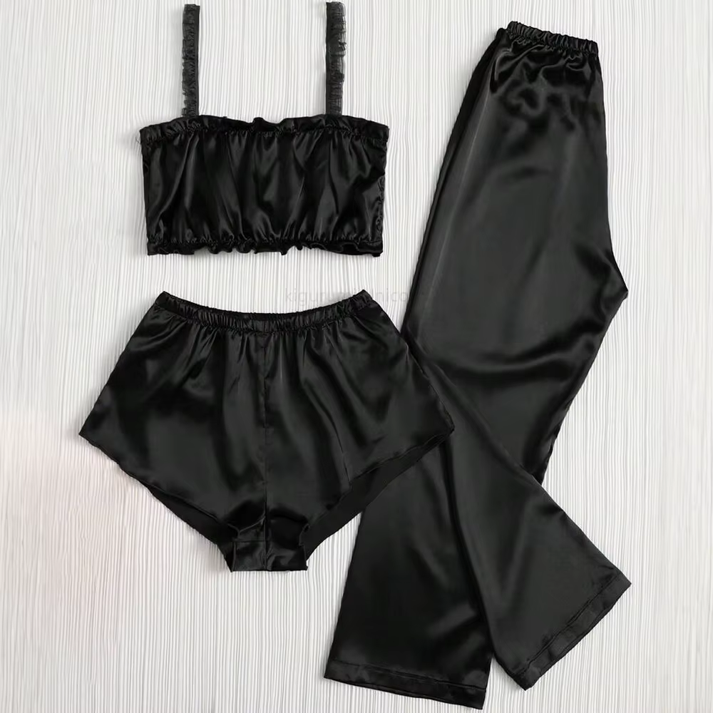 Ensemble pyjama en Satin plissé de couleur noire
