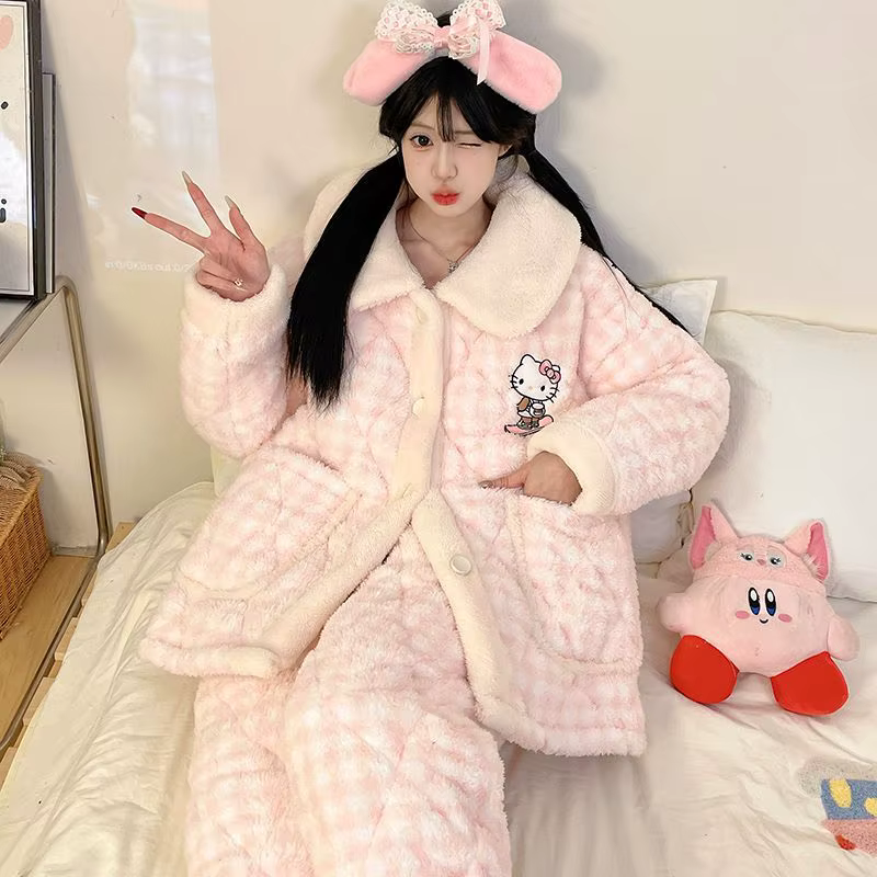 Kawaii Hello Kitty brodé Long manteau pyjamas ensemble femmes 2025 tissu moelleux vêtements de nuit Y2K esthétique
