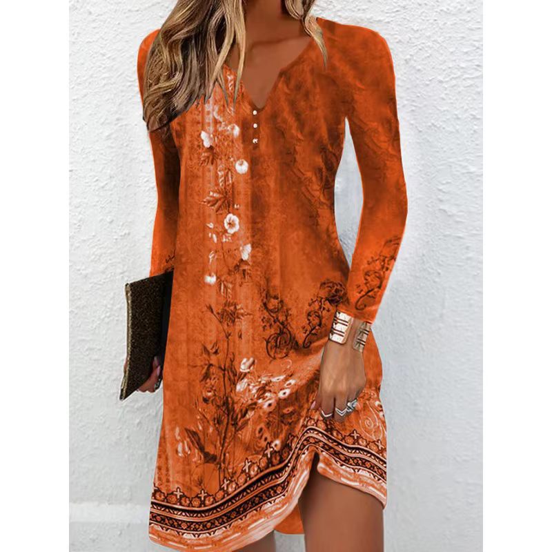 Robe tunique à imprimé floral à manches longues et col en V avec détail boutonné