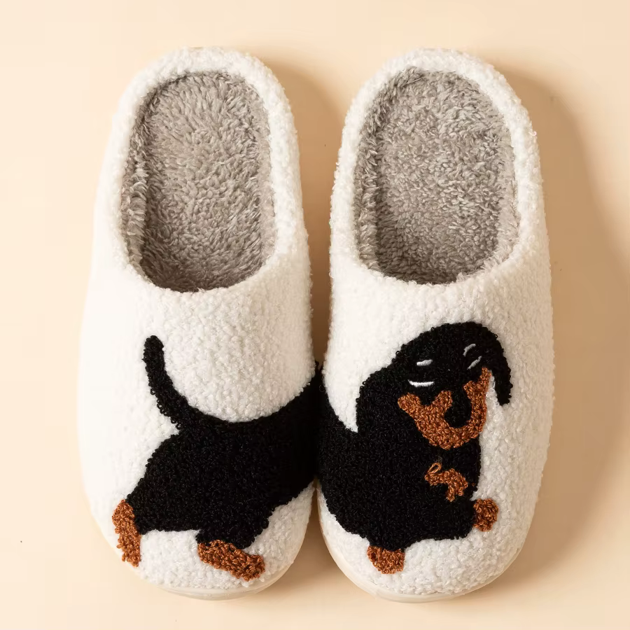 Chaussons pour femmes classique chien motif brodé maison d'hiver intérieur semelle souple chaud décontracté confortable