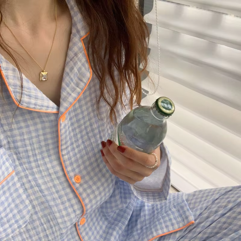Pyjamas en coton pour femmes vêtements de nuit coréens femme 2 pièces ensemble Pijama Plaid