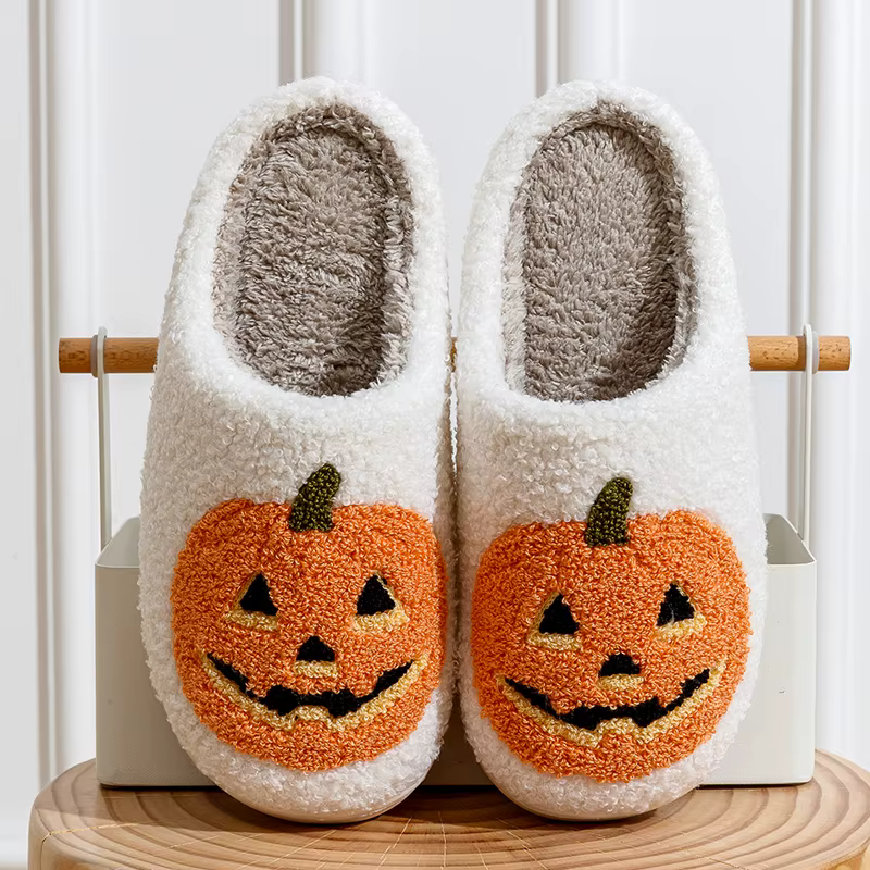 Classiques citrouille Halloween chaussons pour femmes hiver intérieur dessin animé confort maison chambre doux casual plat en peluche chaussures pour cadeau