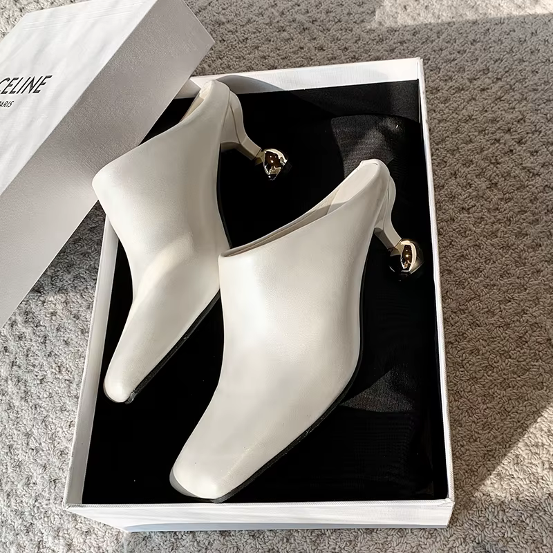 Baotou – pantoufles à tête carrée en peau de mouton blanche pour femmes