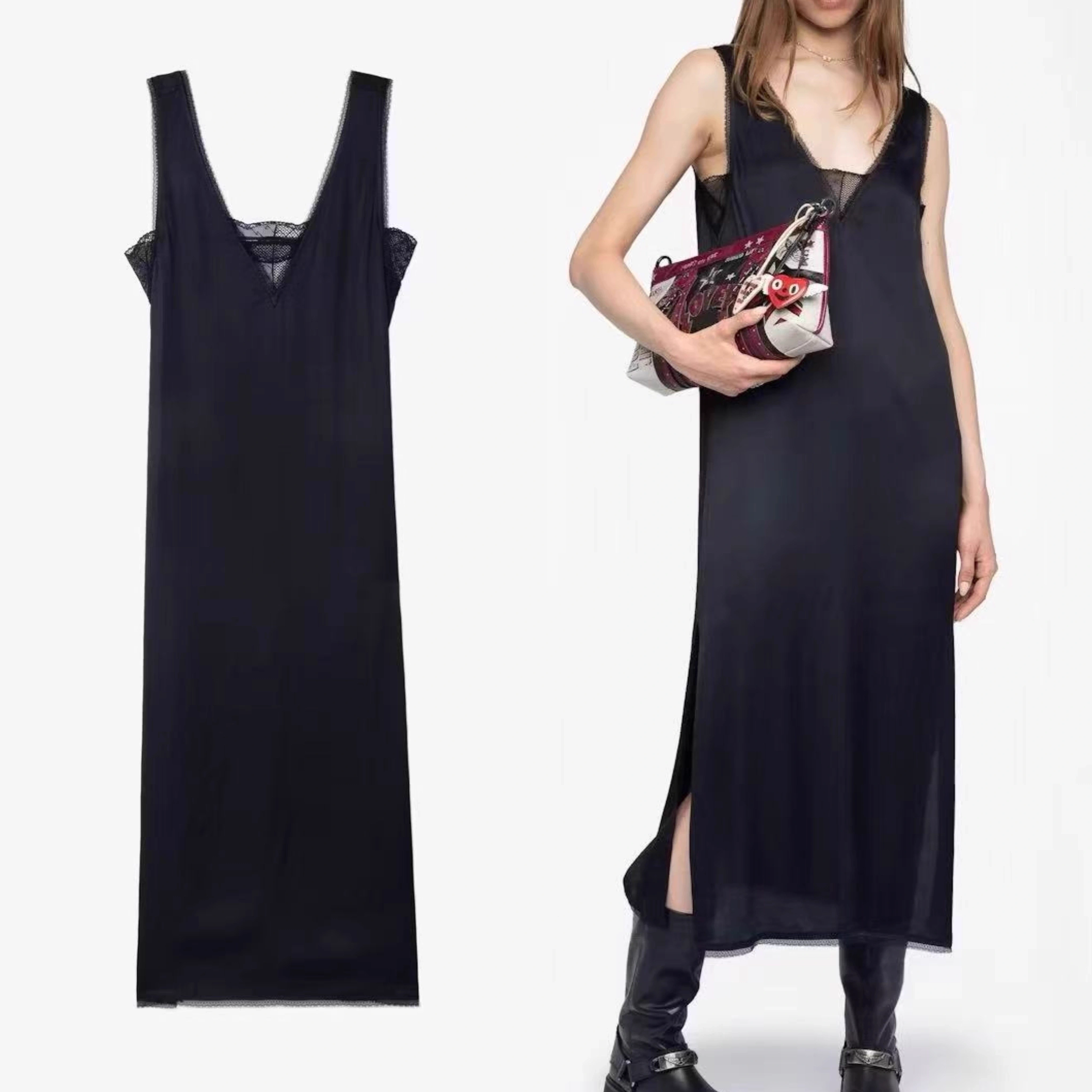 Robe mi-longue en Satin et dentelle pour femmes