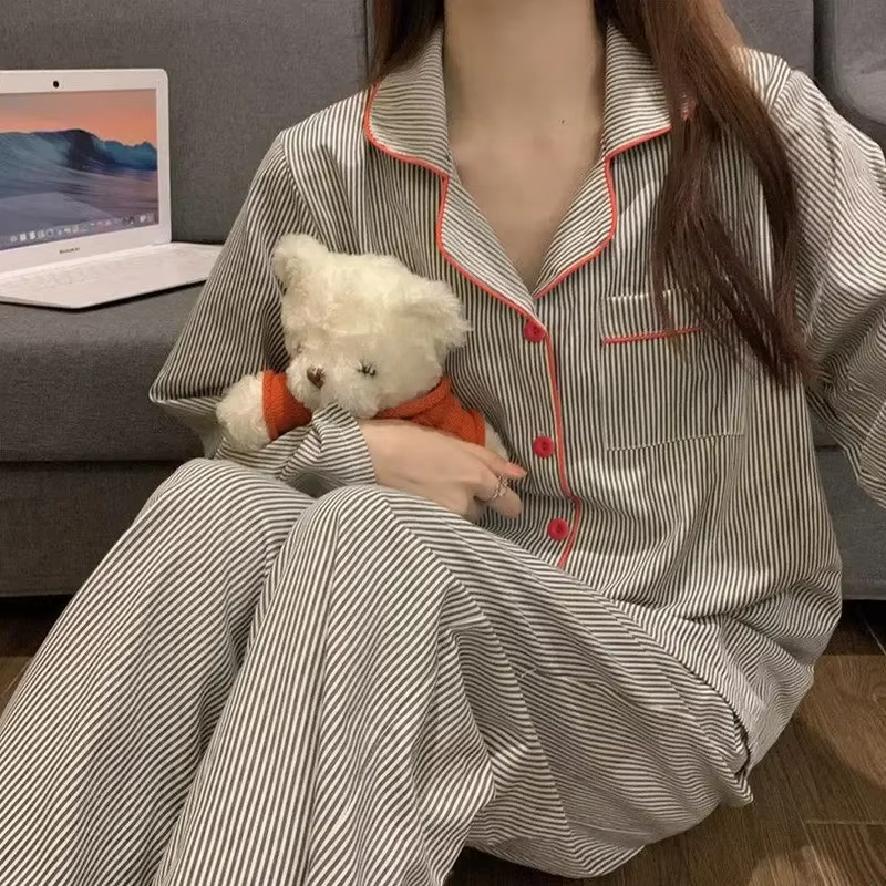 Pyjamas femmes à manches longues pantalon été gris Cardigan rayé vêtements de nuit