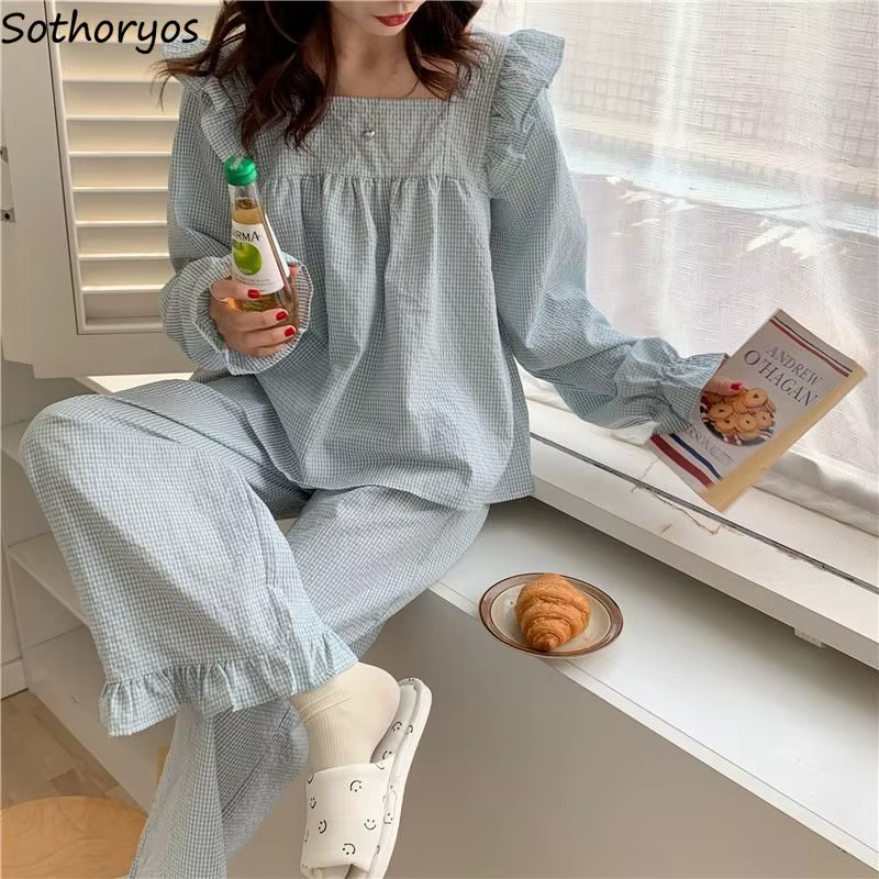 Ensembles de pyjama à carreaux Harajuku pour femmes