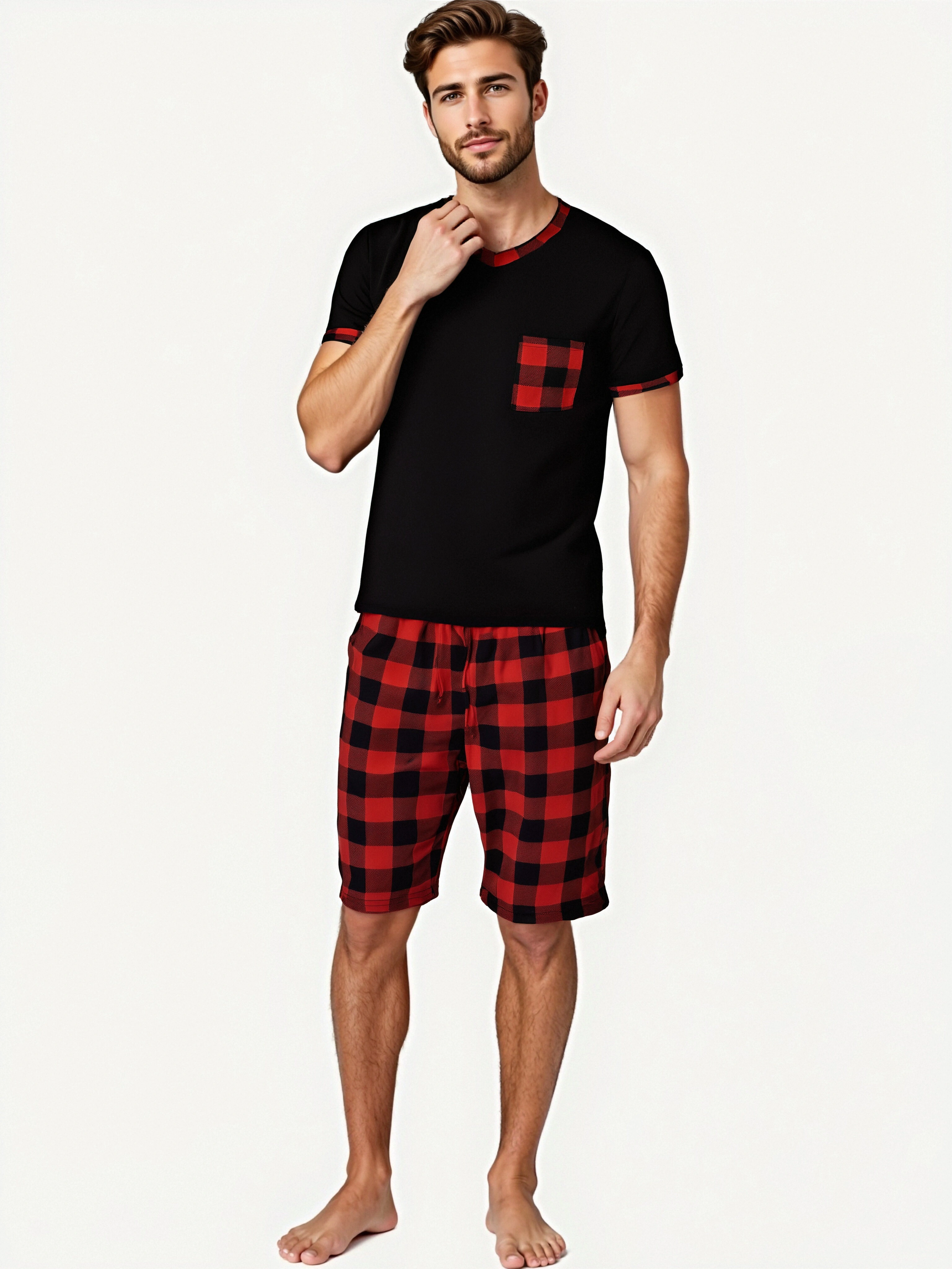 Ensembles de pyjama pour hommes pyjamas à carreaux à manches courtes
