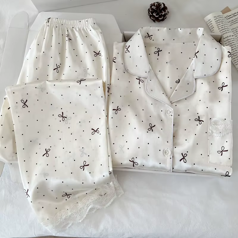 Nouveau Style coréen élégant jeunes dames pyjamas été nouveauté à manches courtes à pois nœud glace soie pyjama