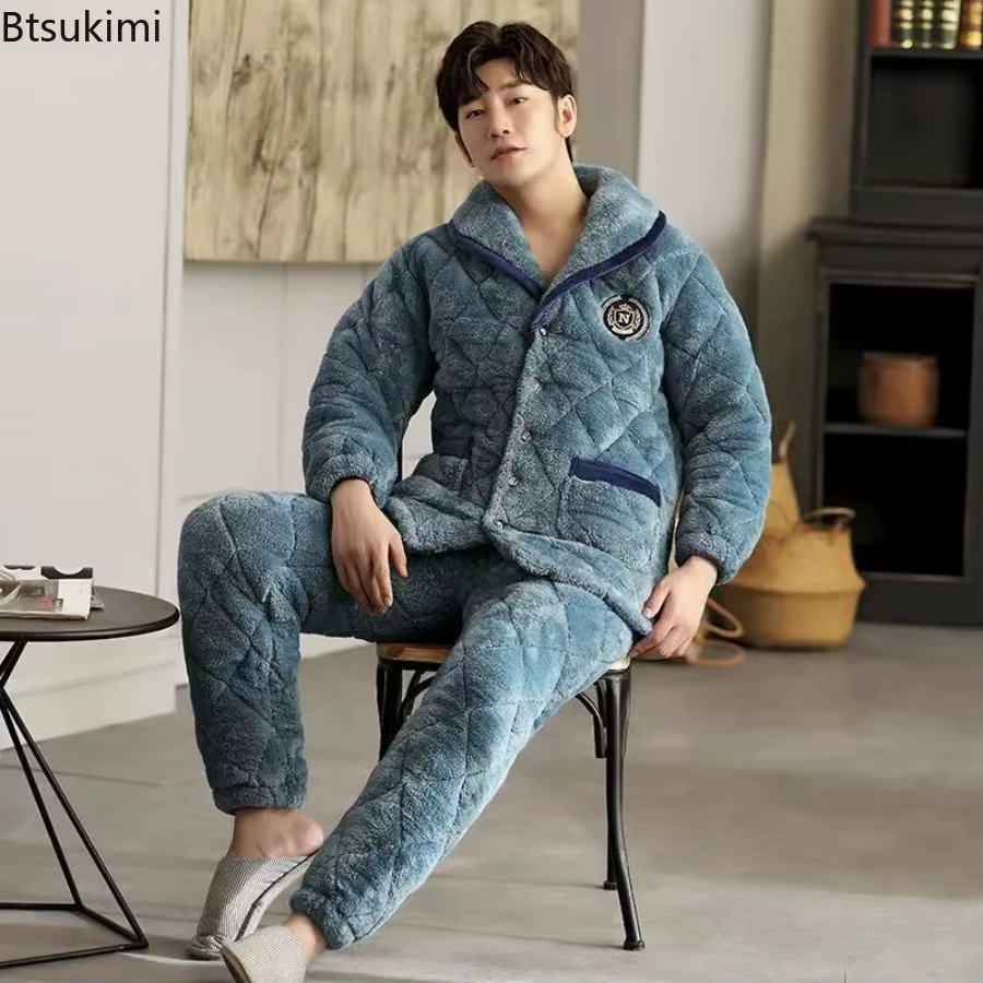 Pyjama trois couches épais en molleton de corail pour hommes