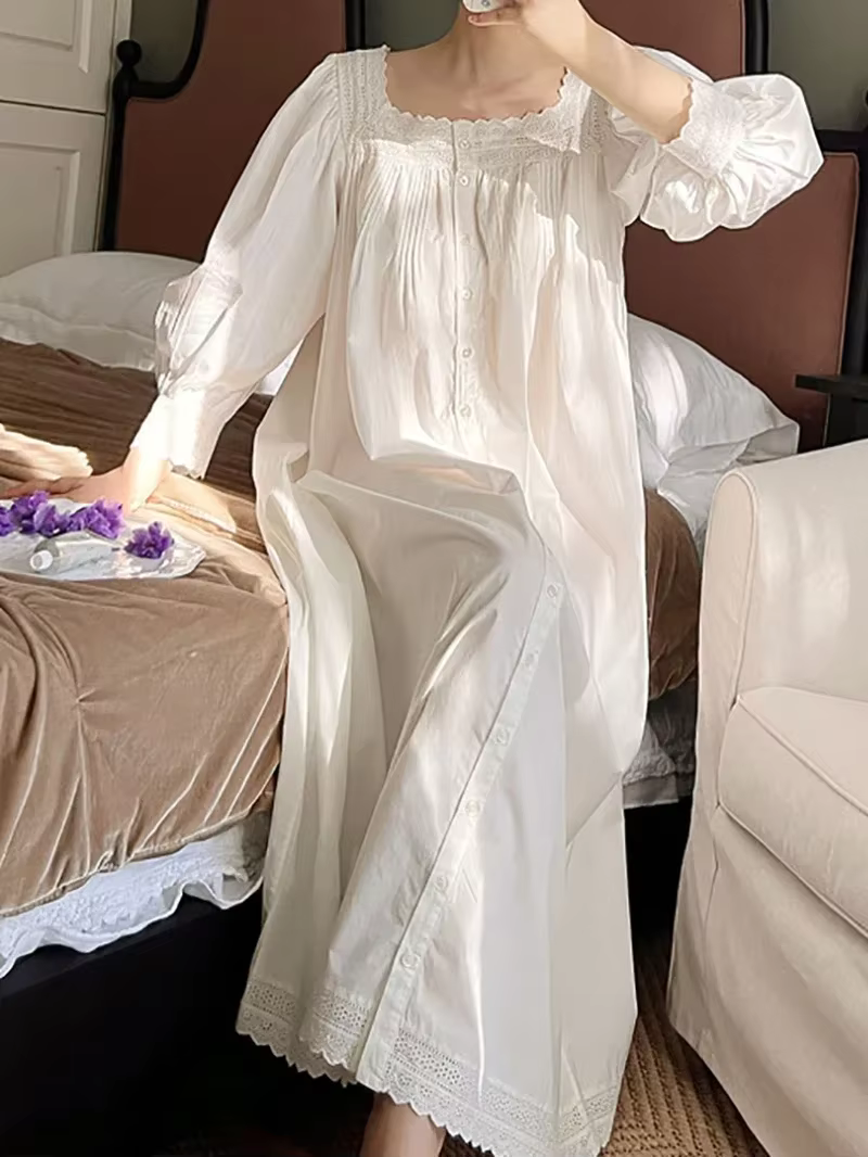 Femmes robe de nuit printemps automne pur coton à manches longues Peignoir romantique Vintage chemises