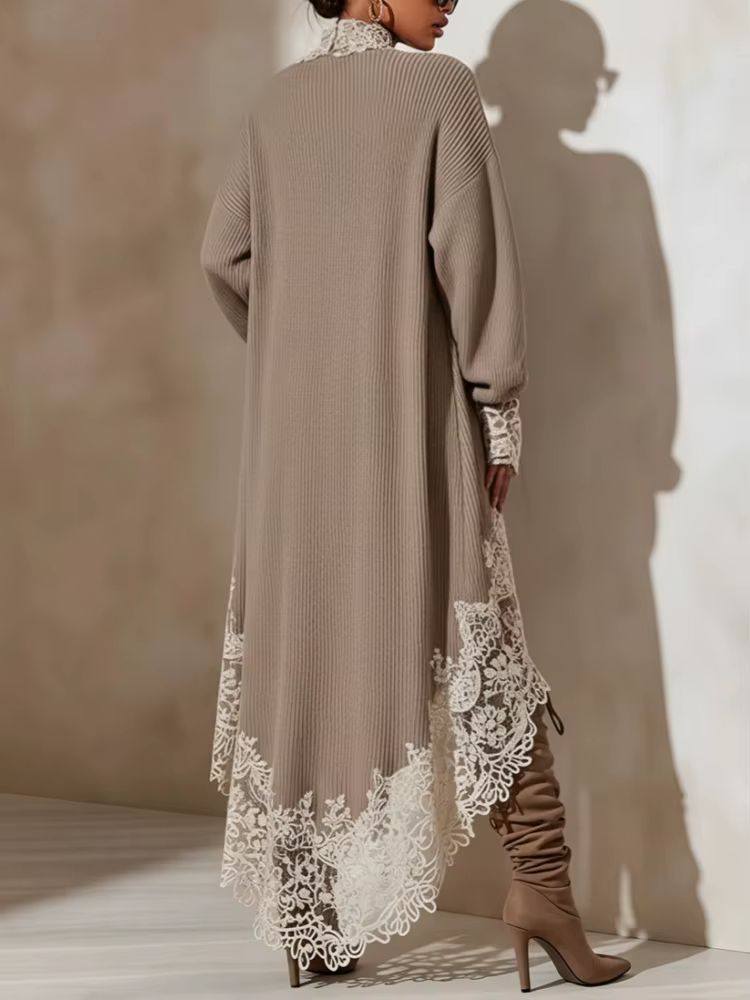 Robe pull en maille kaki pour femme avec dentelle