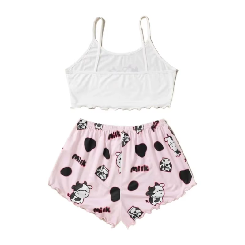Mignon vache imprimé haut sans manches et short vêtements de nuit pour femmes 2 pièces pyjamas ensemble décontracté