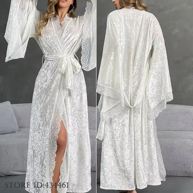 Élégant blanc velours longue Robe Kimono peignoir