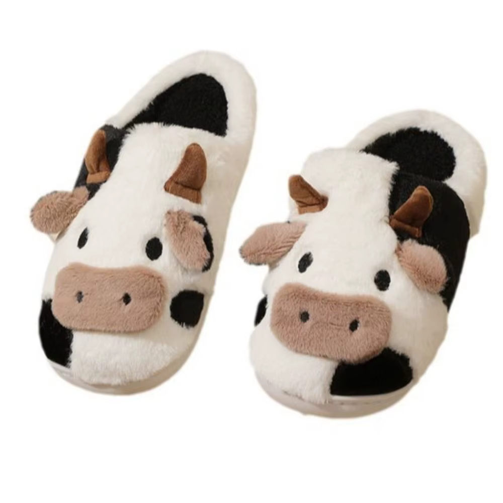 1 paire de pantoufles en peluche de vache antidérapantes