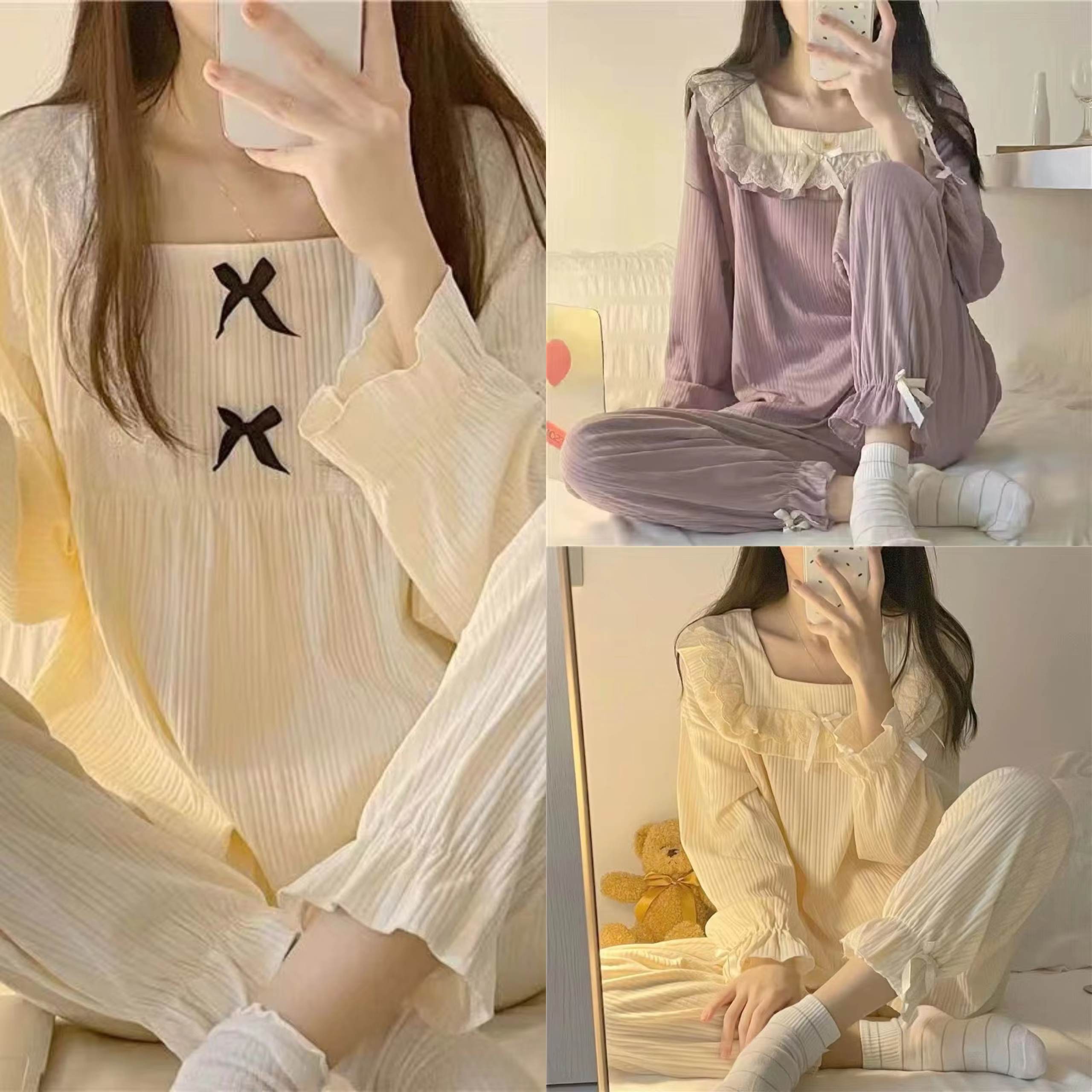 Pyjama femme 2 ensembles de vêtements de maison filles printemps et automne pantalons à manches longues doux étudiant