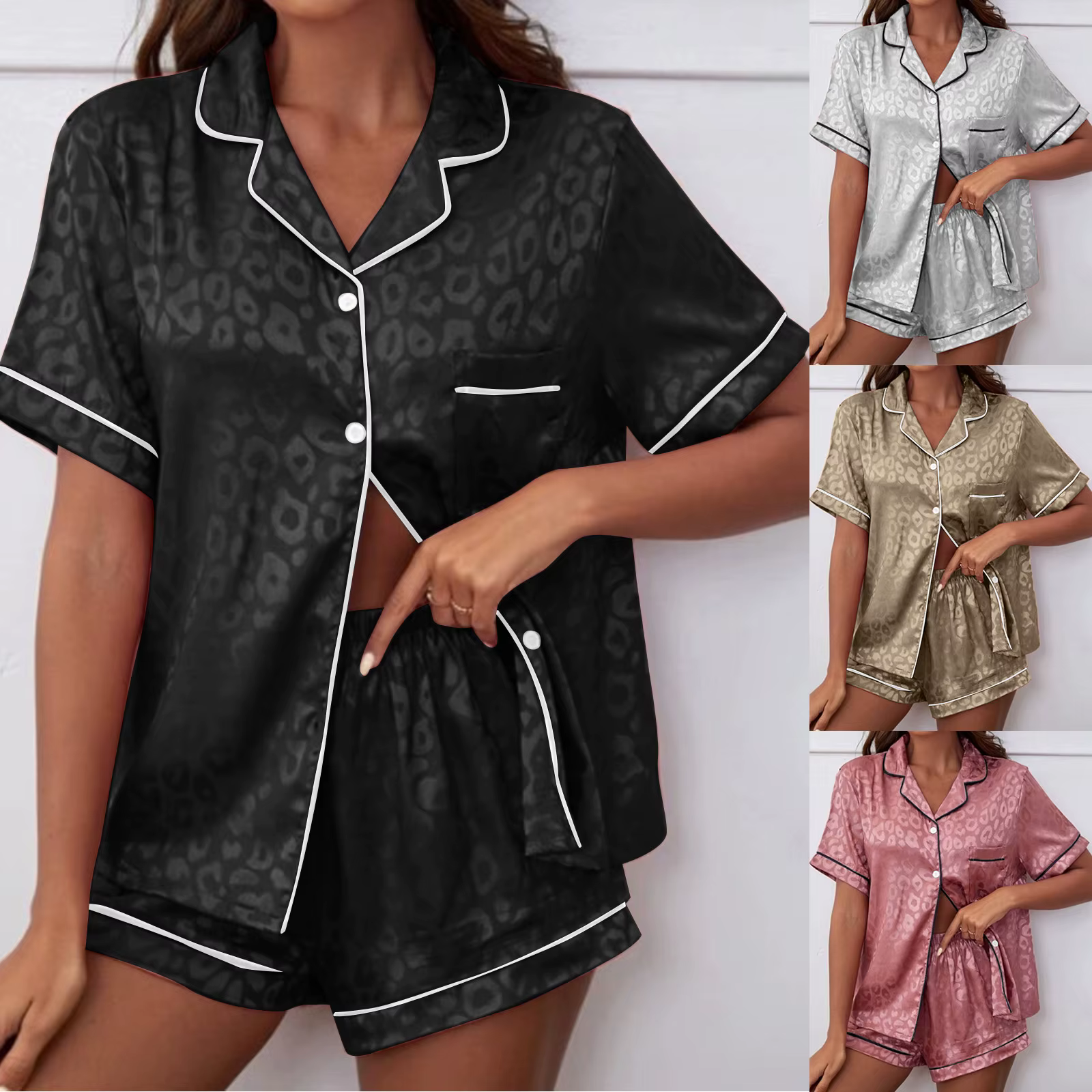2025 nouveau pyjama ensemble femmes léopard soyeux Satin pyjamas à manches courtes bouton petit haut avec Short