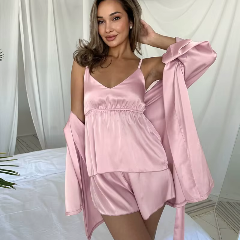 Nouvel ensemble pyjama 3 pièces en satin 2026 pour femme : robe sexy à manches longues + caraco + short – Tenue d'été