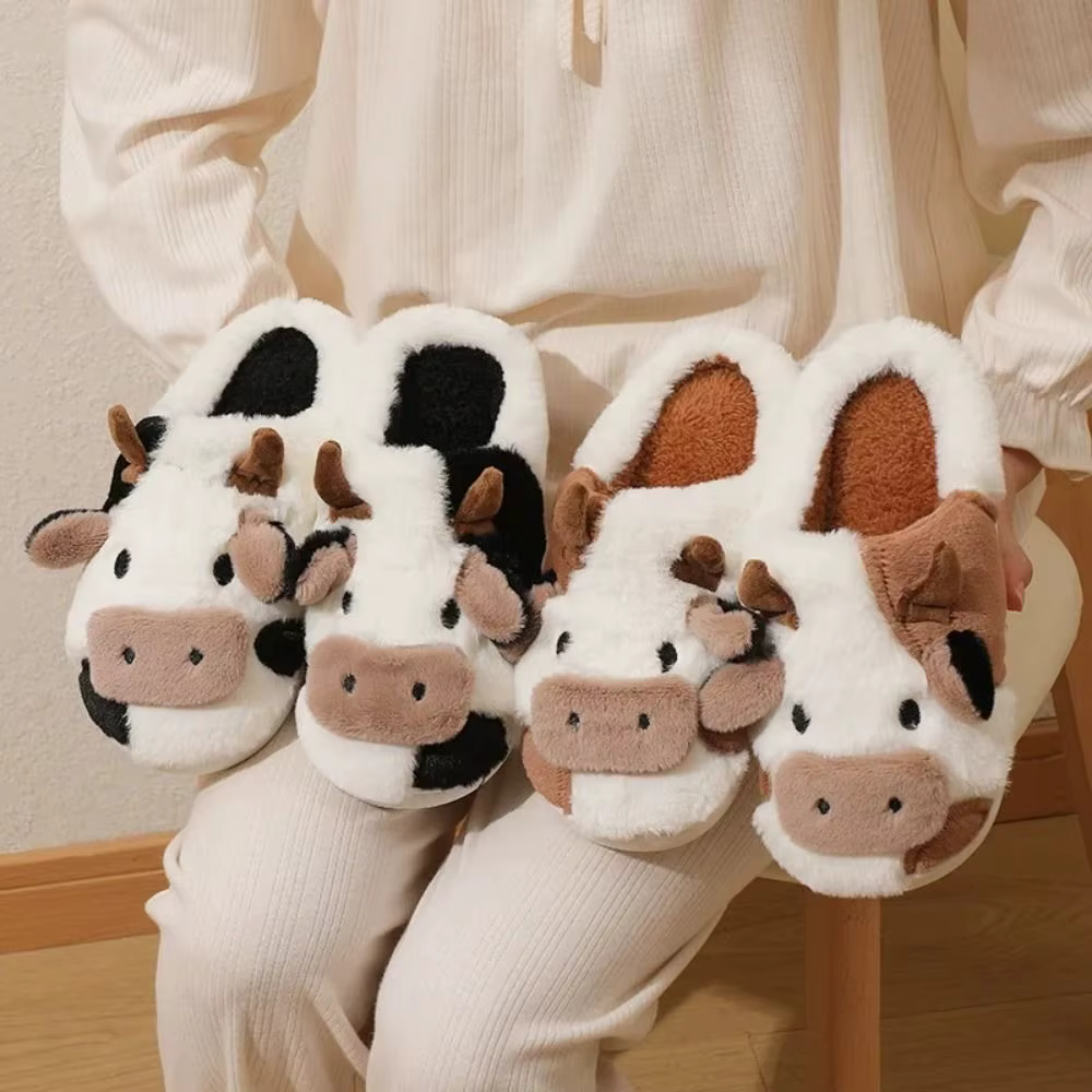 1 paire de pantoufles en forme de vache Kawaii antidérapantes