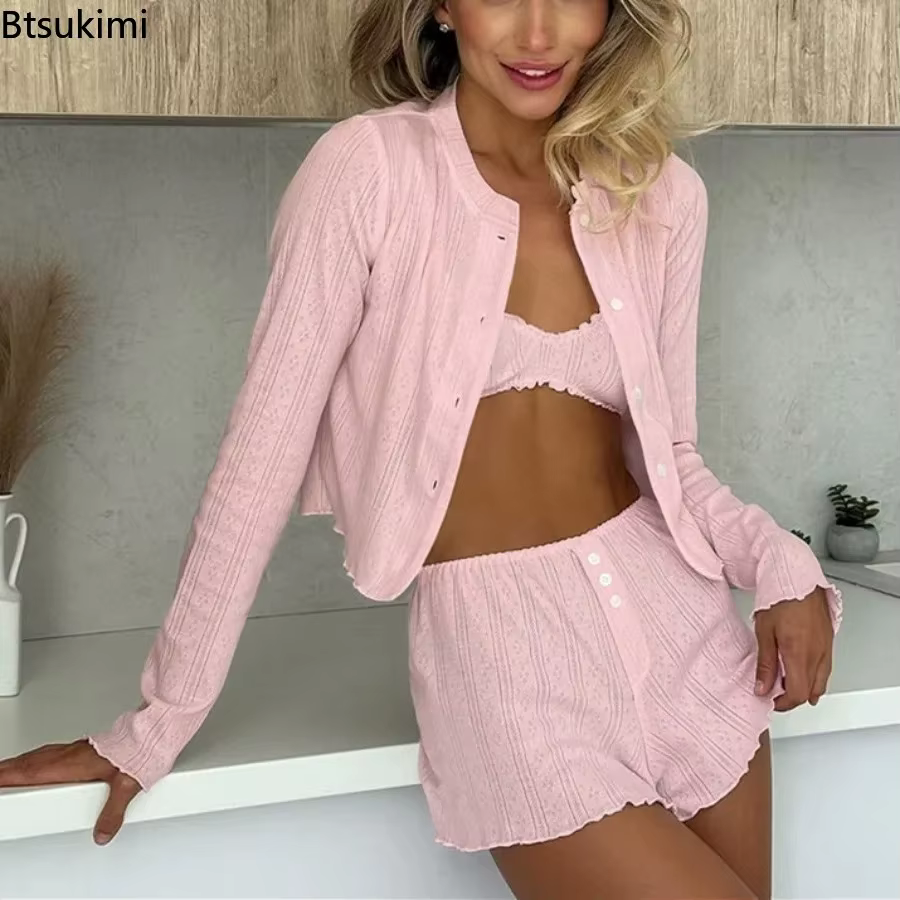 Printemps mode femmes vêtements de nuit costume col rond nuisette à manches longues pyjamas débardeurs
