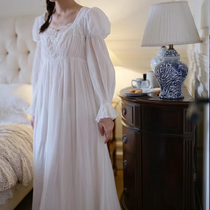 Princesse dentelle blanche longue mi-mollet chemises de nuit printemps manches longues français col carré chemise