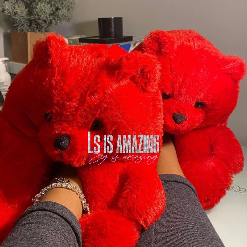 Pantoufles d'hiver en peluche ours en peluche mignonnes