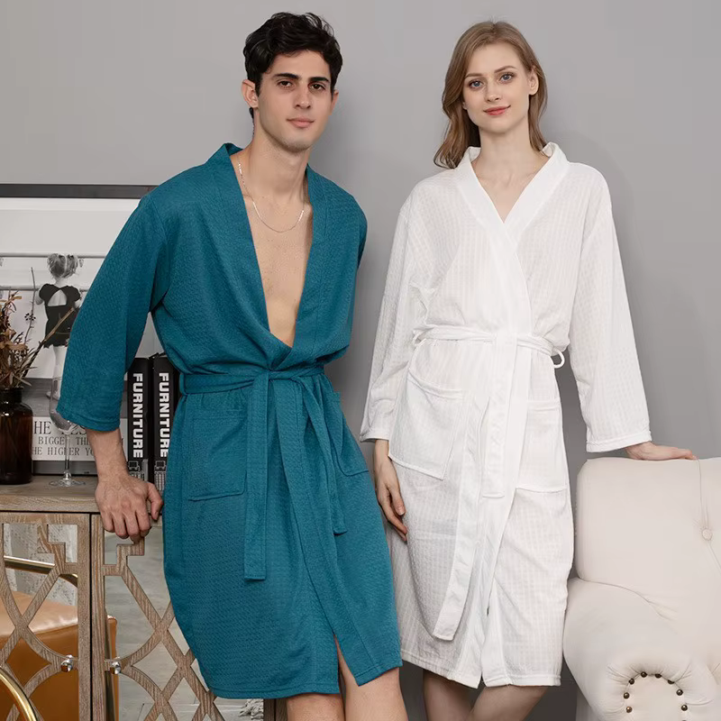 Gaufre femmes peignoir automne hiver solide col en V dames robe de chambre coton poches à manches longues Kimono avec ceintures pour femme