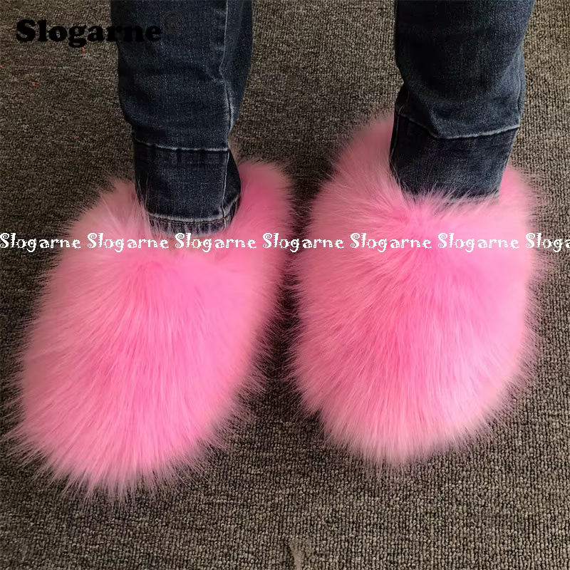 Pantoufles en fausse fourrure de renard pour femmes et filles