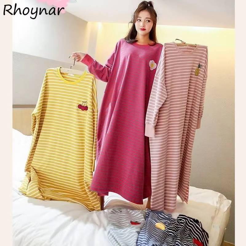 Chemise de nuit femme M-5XL automne manches longues rinçage longueur rayé Preppy mn adolescents Kawaii loisirs vêtements