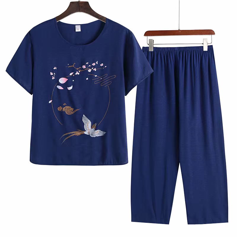 Pyjama Pour Femme décontracté coton lin ensemble de vêtements de nuit Vintage imprimé moyen âge mère à manches courtes Pyjamas femmes maison costume