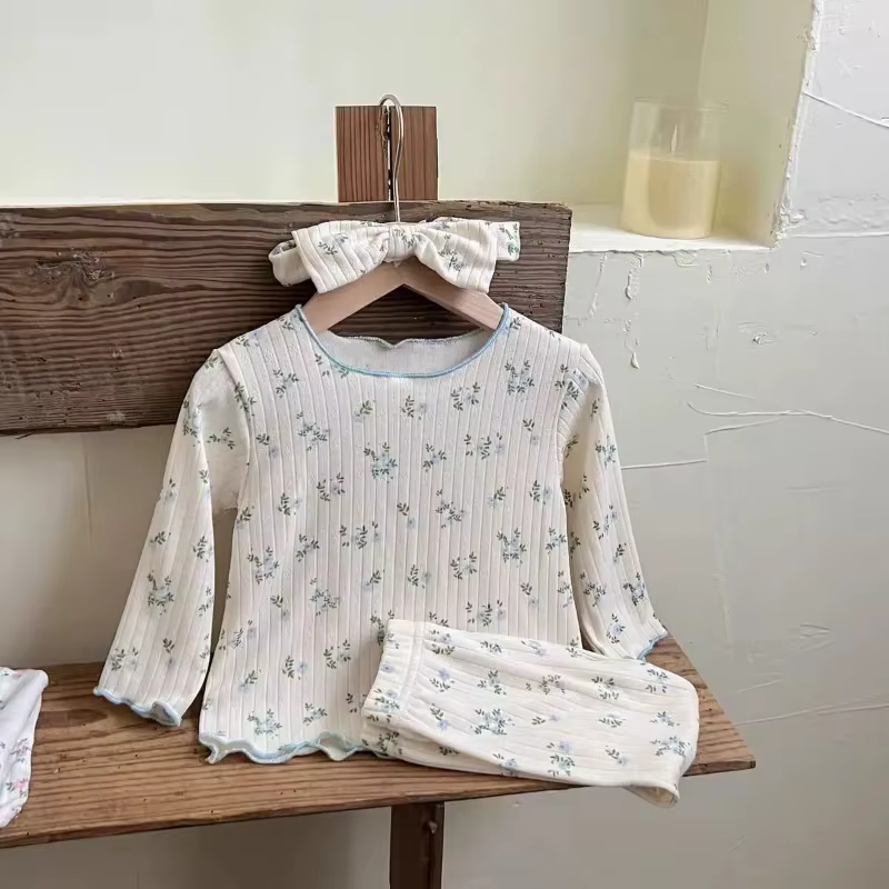  Nouveauté bébé filles imprimé fleuri coton pyjama ensemble à manches longues dentelle garniture deux pièces vêtements