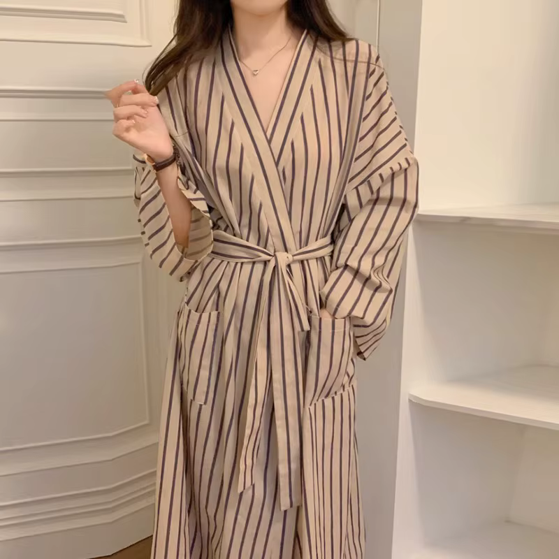 Peignoir pour femme : Robe kimono rayée à manches longues toutes saisons – Pyjama et vêtements de détente amples