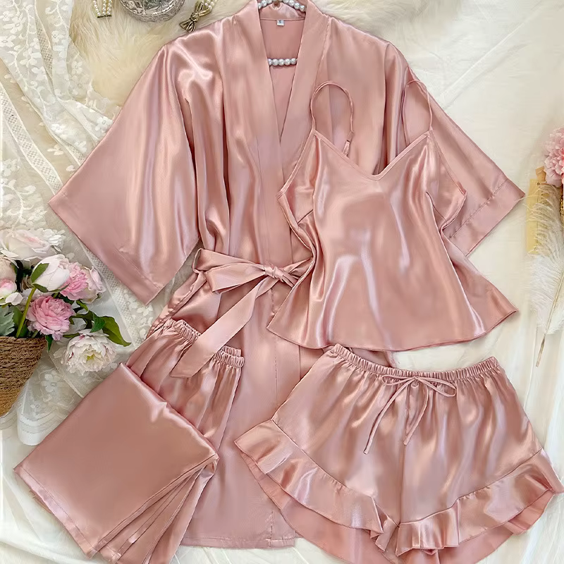 Printemps été 4 pièces ensemble de pyjamas femme pyjama vêtements de nuit Sexy peignoir fronde Shorts pantalon ample