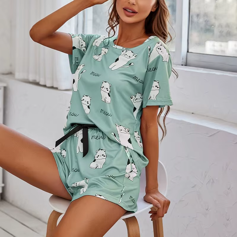 2026 Femmes décontracté mignon merdes en plein air avec Shorts Pyjamas ensembles à manches courtes vêtements de nuit 2
