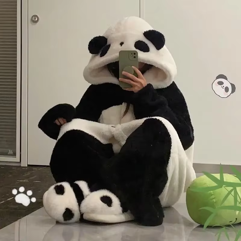 Pyjama Kigurumi Cosplay Costume de fête vêtements de détente dessin animé Panda longue Robe combinaison hiver femmes épaissir corail polaire Homewear