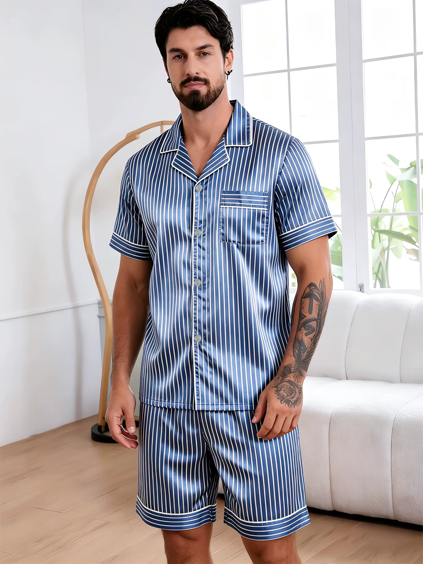 Ensemble de pyjama pour homme en satin à rayures imprimées