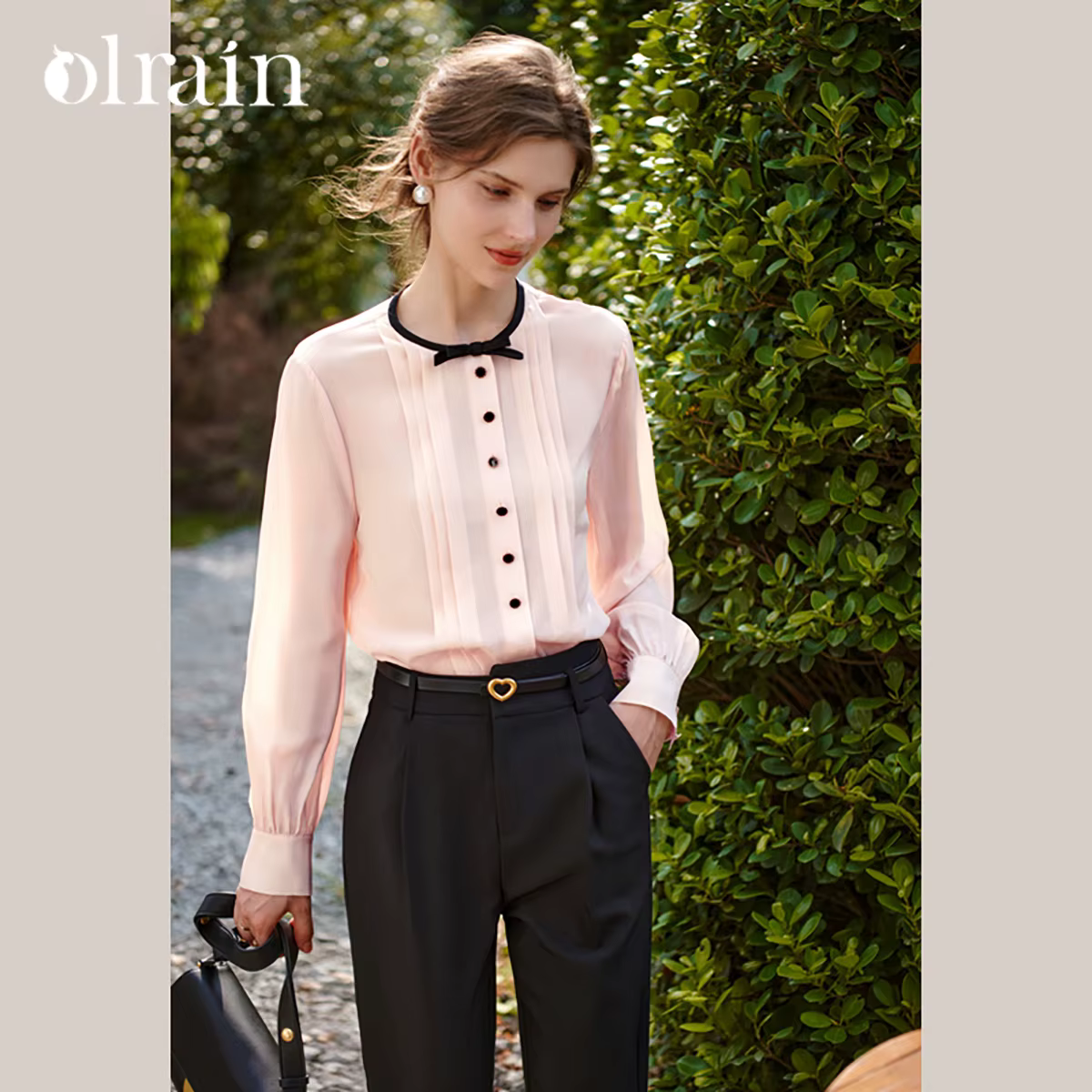 Chemisier en Chiffon OLrain pour Femme 2026 Rose Épissé Col Rond Nœud Bouton Blouse de Bureau Manches Longues Élégante M56QC52985