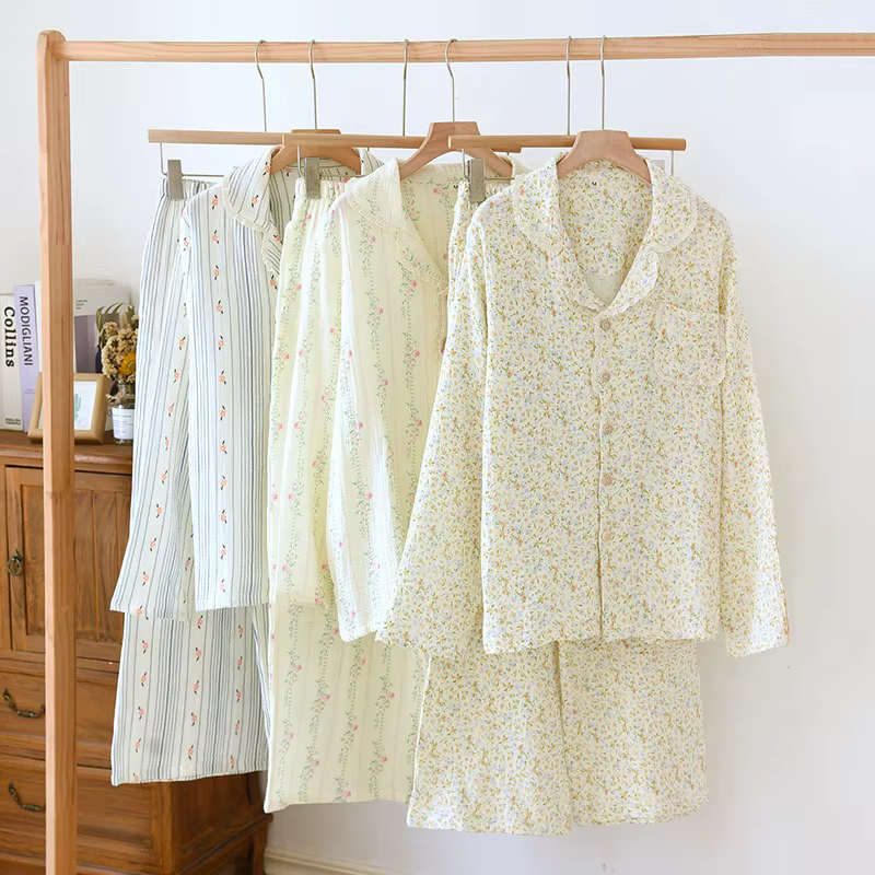 100% coton gaze femmes Pyjamas 2025 nouveau printemps/automne vêtements de nuit femme 2 pièces ensemble