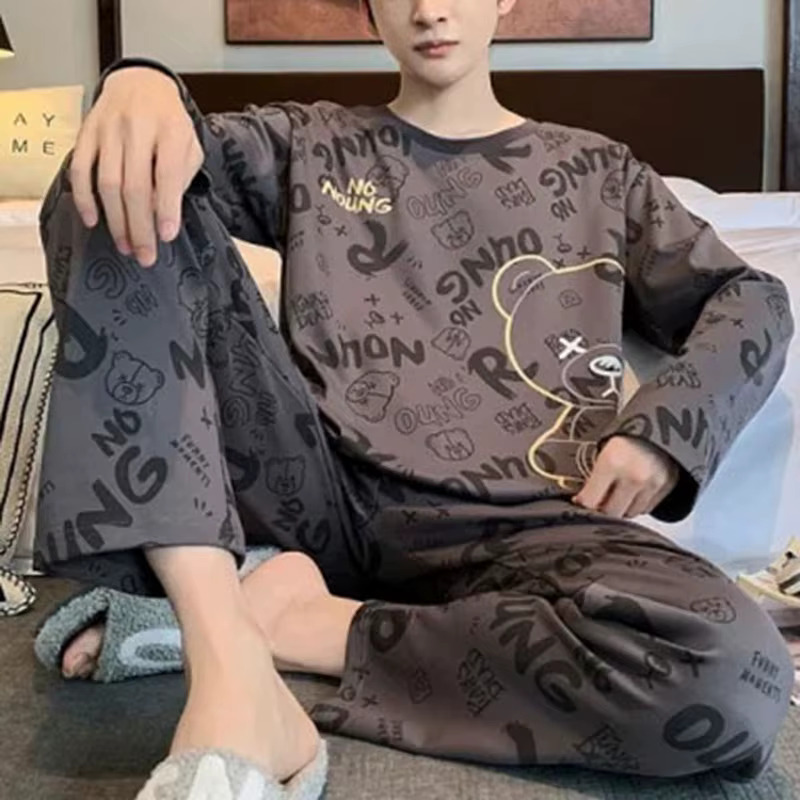 Ensemble deux pièces automne hiver femmes pyjamas hommes à manches longues dessin animé lettres ours pull vêtements de nuit dames grande taille Homewear