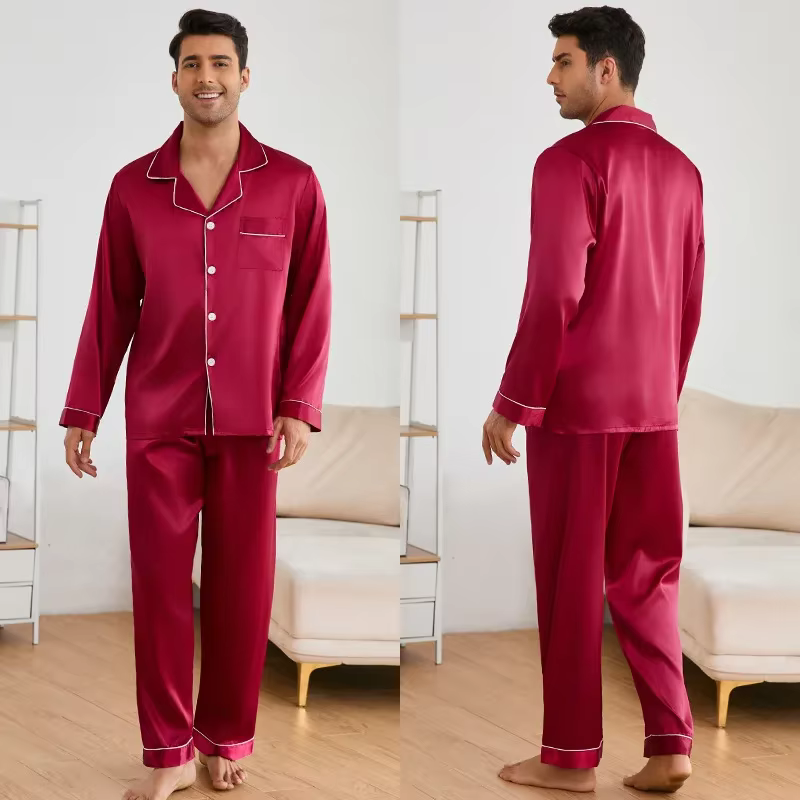 Hommes vêtements de nuit Satin pyjama ensembles à manches longues hauts avec pantalon