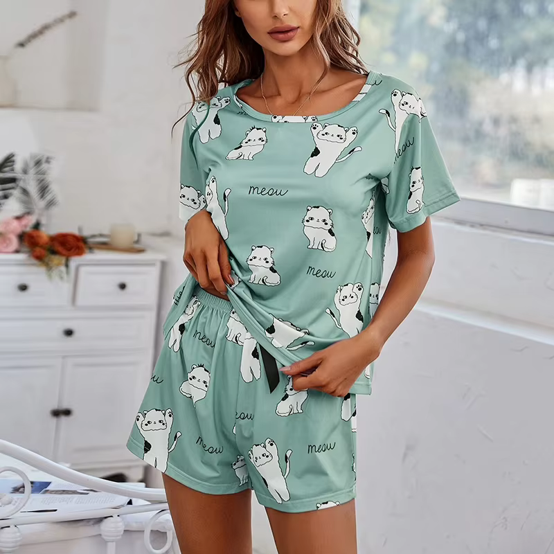 Ensemble pyjama imprimé chat dessin animé pour femme