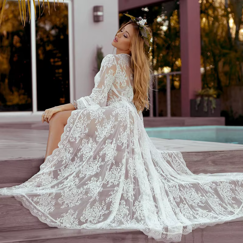 Peignoir Long en Dentelle Transparente pour Femme