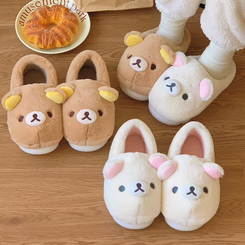 Kawaii Bear Rilakkuma pantoufles en coton mignon plat bout fermé Mules pour hommes et femmes hiver dessin animé maison