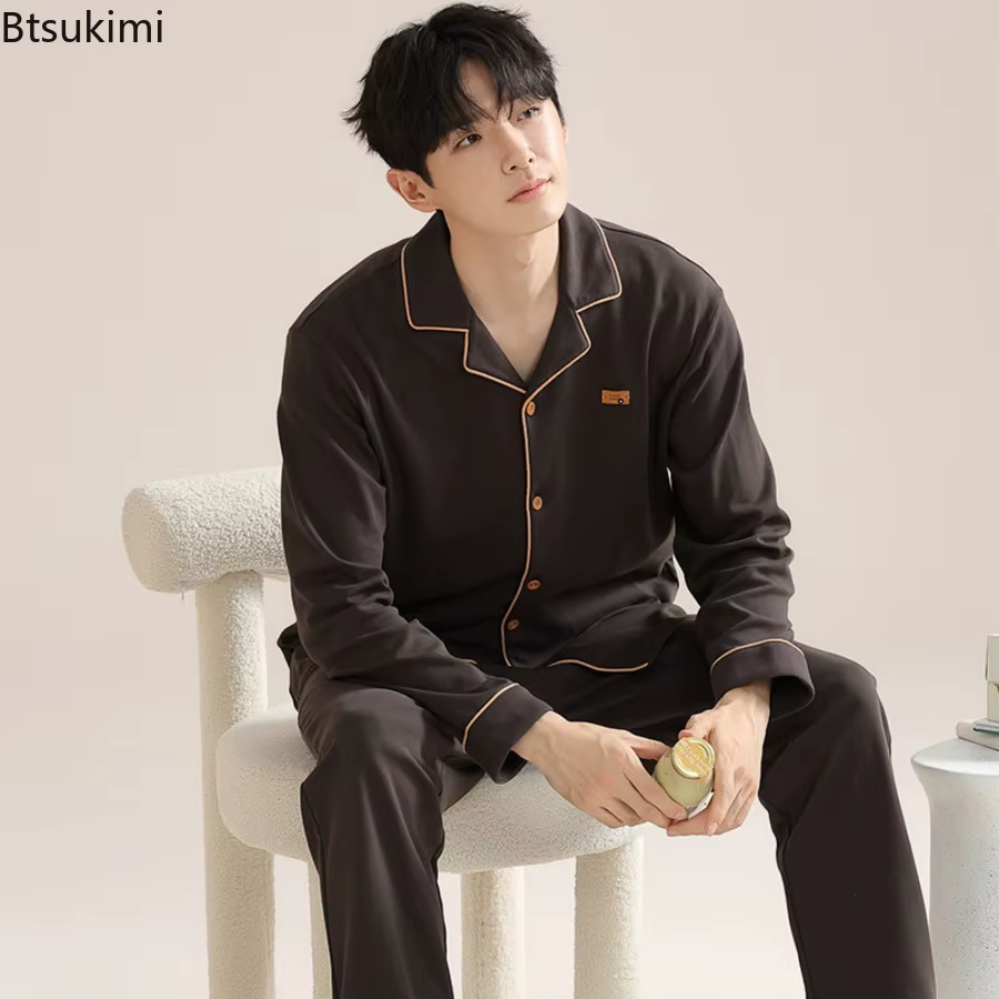 Pyjama pour hommes printemps automne à manches longues revers boutonné Cardigan pantalon deux pièces ample décontracté