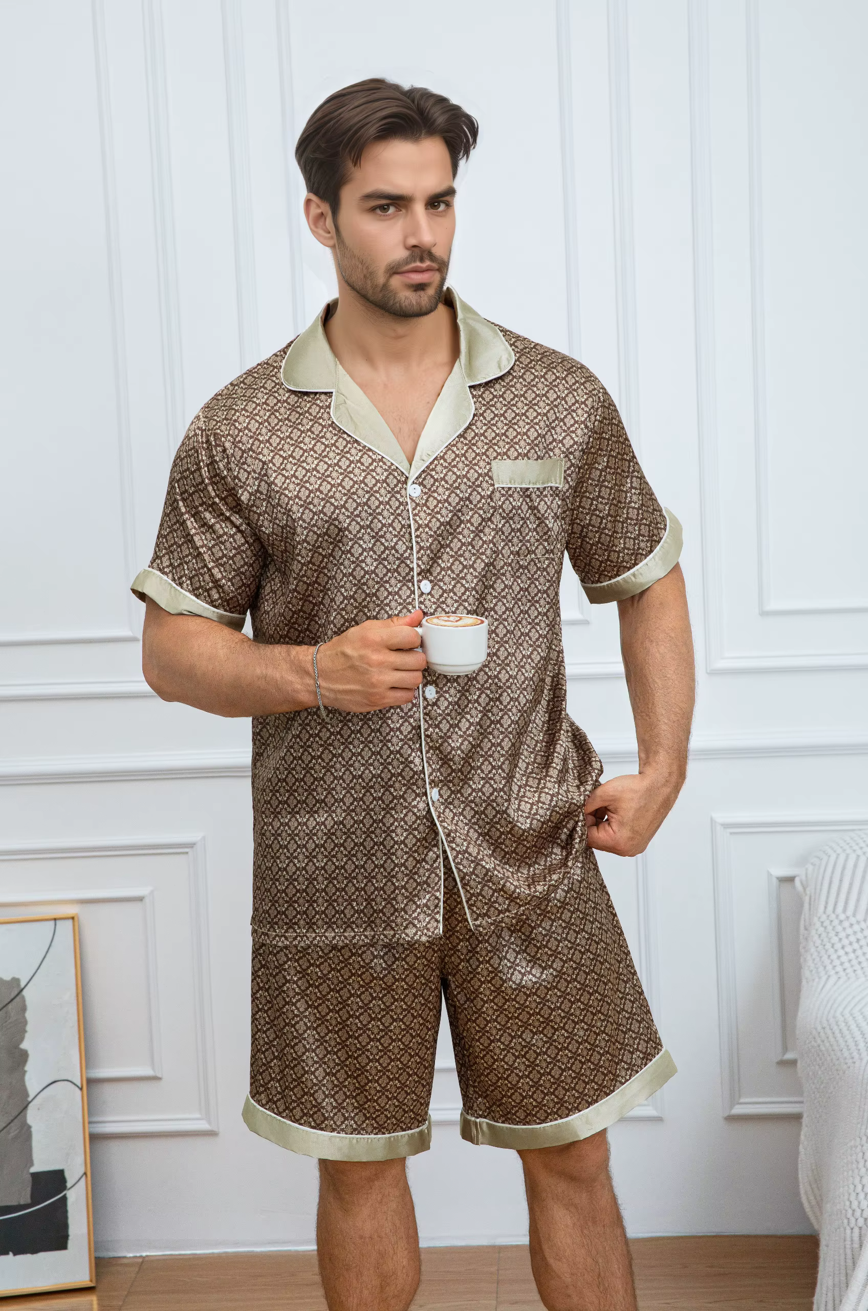 Ensemble de pyjama en satin à imprimé vintage pour homme