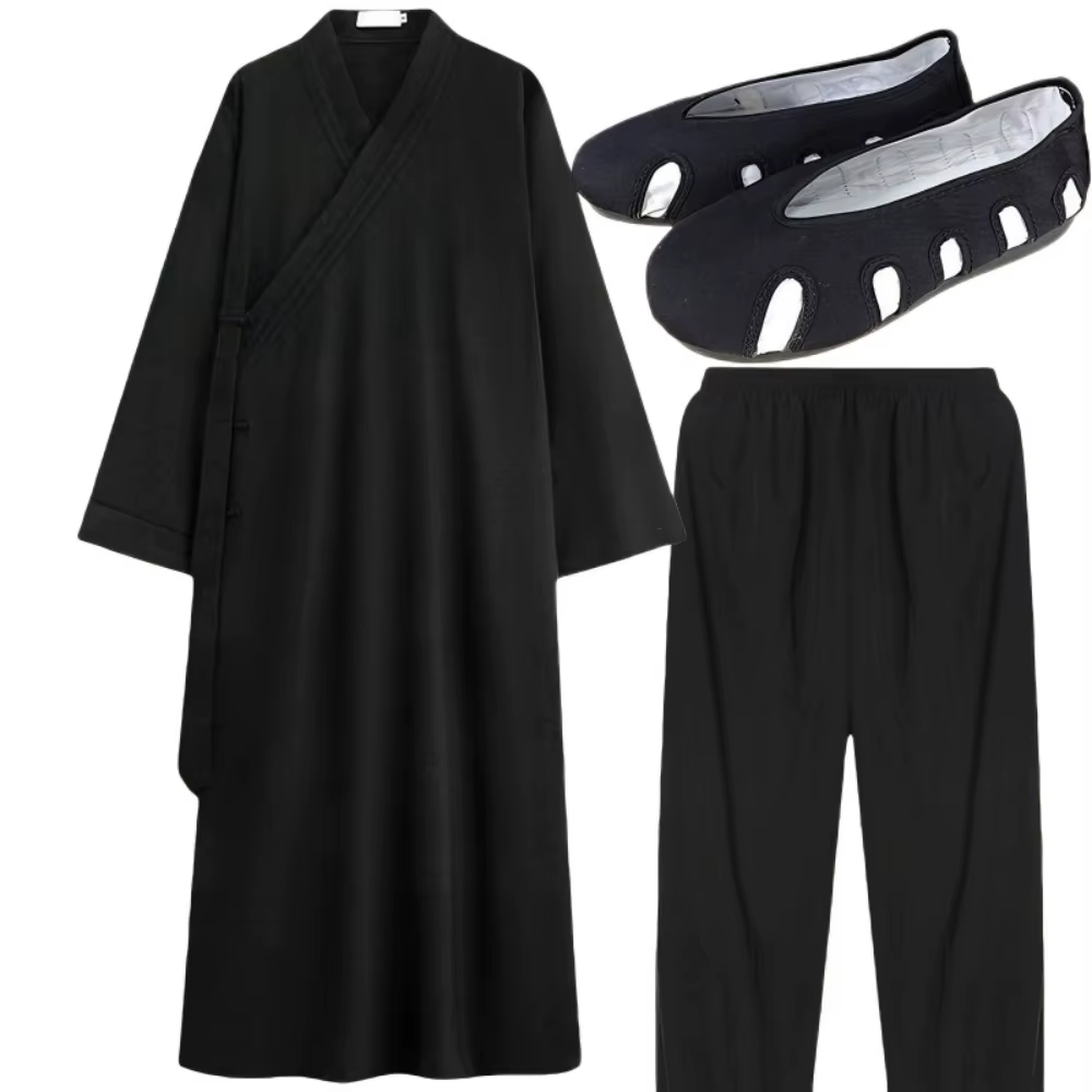 Ensemble de Robe Taoïste Traditionnelle Chinoise : Tunique Longue à Col Croisé avec Pantalon et Chapeau