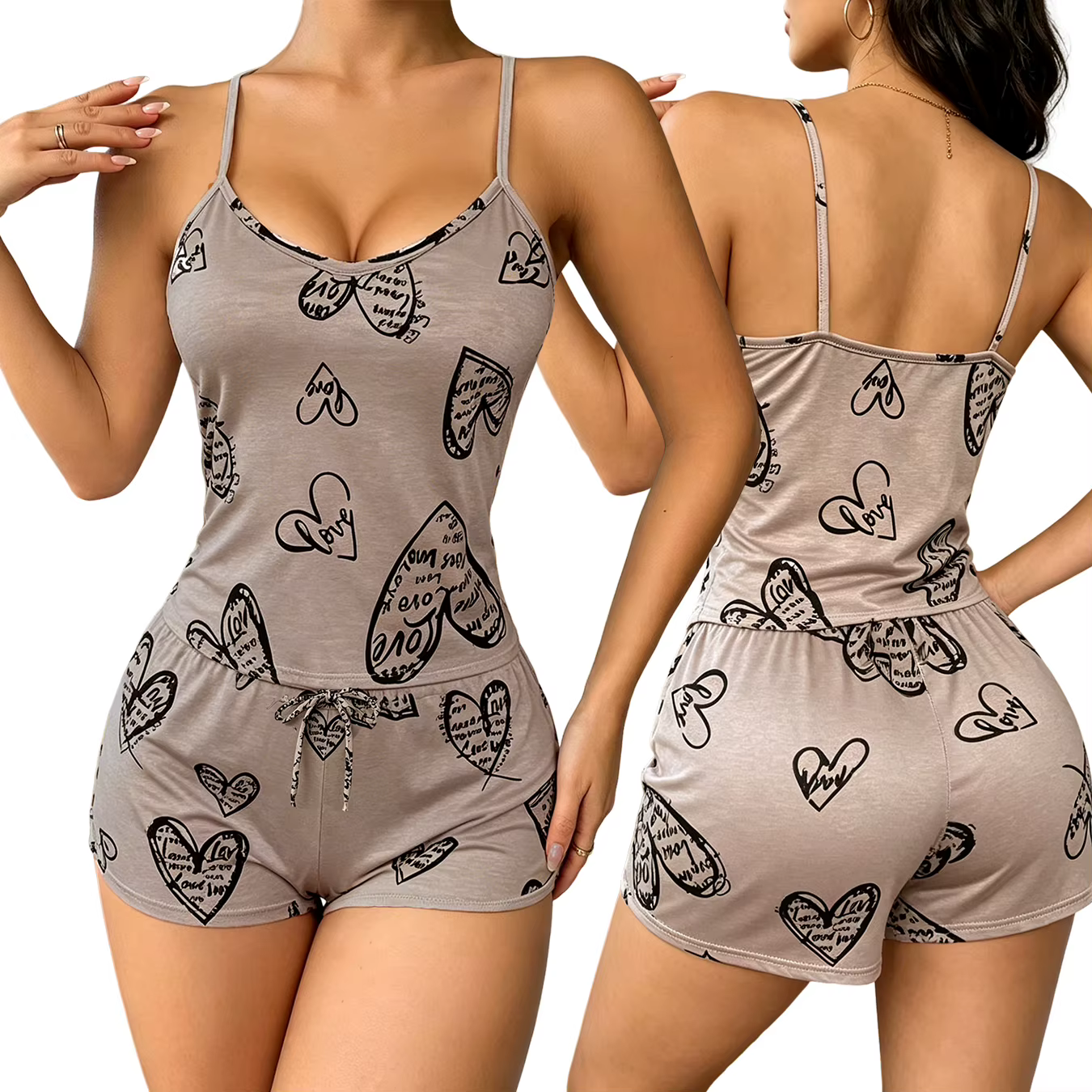 Pyjama Femme 2 Pièces Ensemble Nuisette et Short Imprimé Dessin Animé Débardeur Dos Nu en Soie Lactée Confortable Tenue de Nuit et de Détente