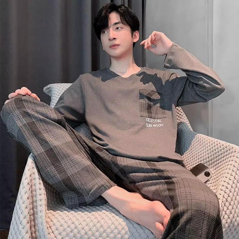 Pyjamas en coton hommes à manches longues adolescents grande taille vêtements de nuit Homewear col rond dessin animé
